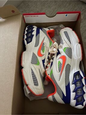 Nike White Sneakers with Neon Orange, Royal Blue & Lime Accents